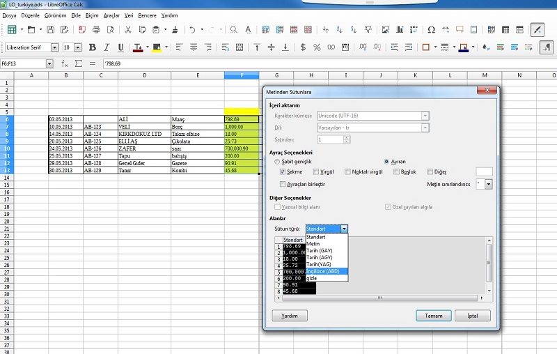 LibreOffice'de ondalık ve binlik ayracını değiştirmek